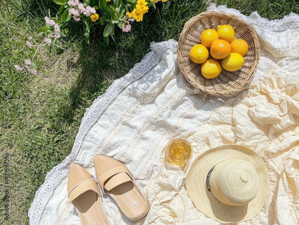 Picnic blanket with lemons, hat, and drinks