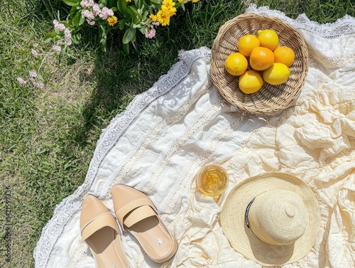 Obraz na płótnie Picnic blanket with lemons, hat, and drinks w salonie