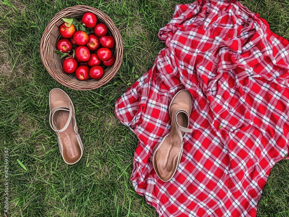 Picnic basket, apples, shoes, plaid