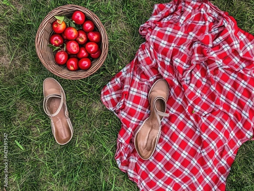 Obraz na płótnie Picnic basket, apples, shoes, plaid w salonie