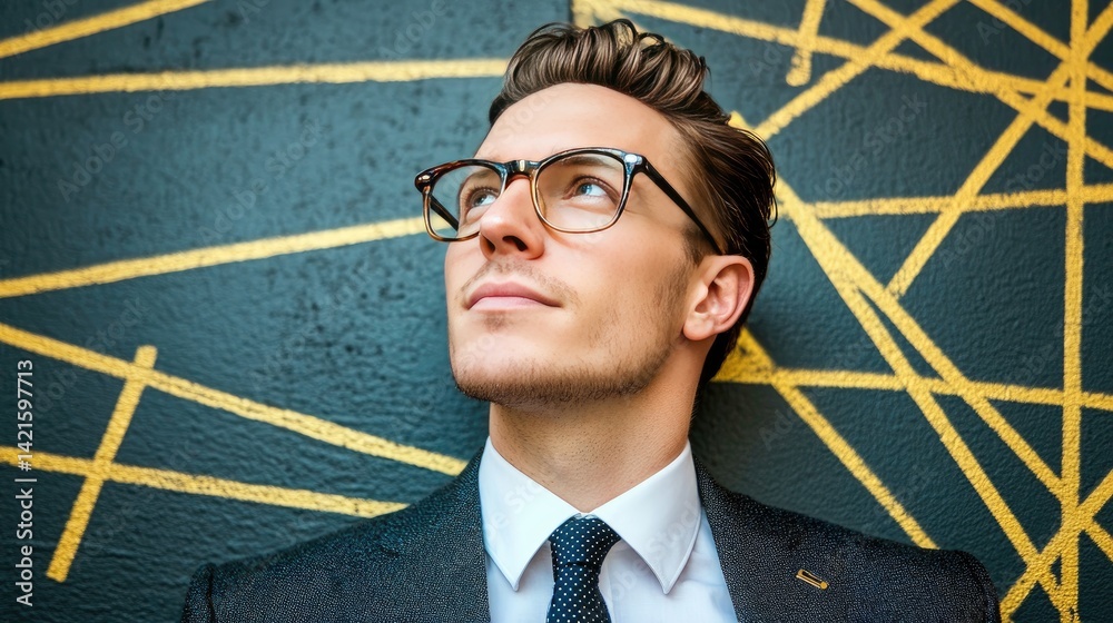 Pensive young man in suit, glasses, looking upward against geometric background