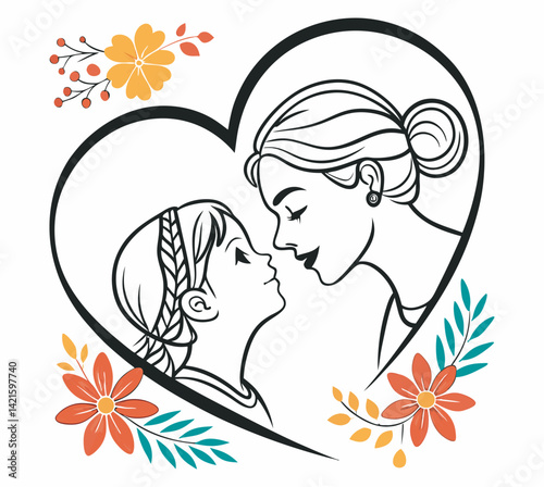 Beautiful Floral Heart Logo with Mother and Baby Art & Illustration