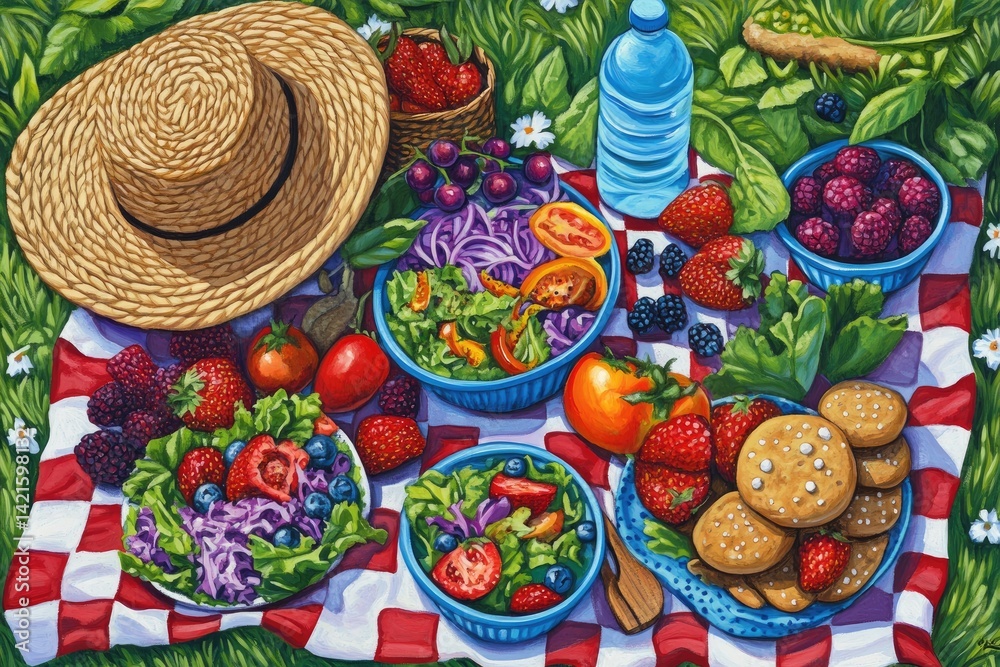Colorful picnic basket on checkered blanket