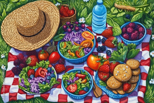 Obraz na płótnie Colorful picnic basket on checkered blanket w salonie