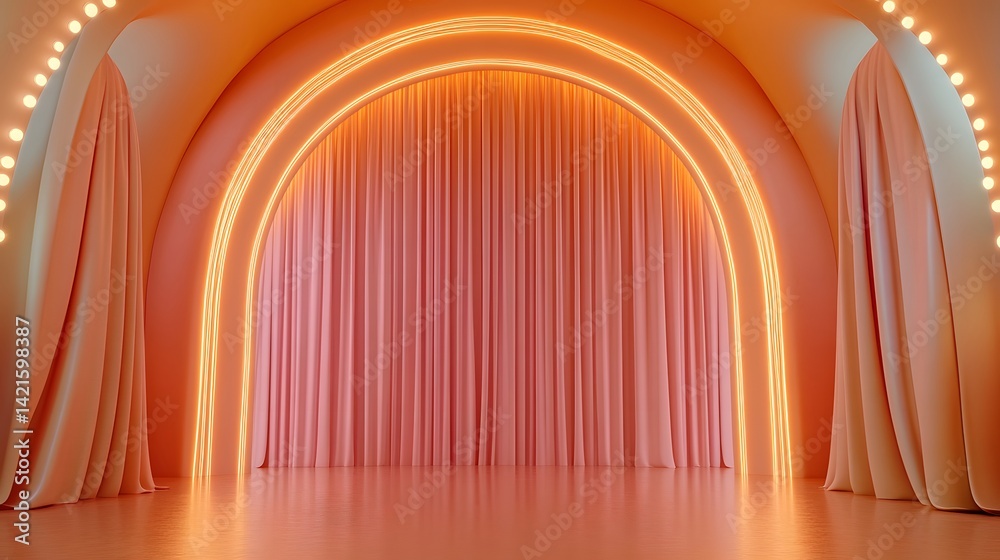 Fototapeta premium Peachy-pink backdrop with neon arches and drapes.