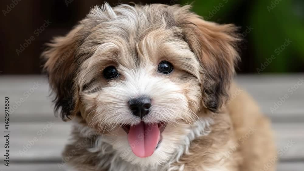 Fluffy puppy portrait with tongue out, looking cute, brown and tan Fluffy puppy portrait with tongue out, looking cute, brown and tan