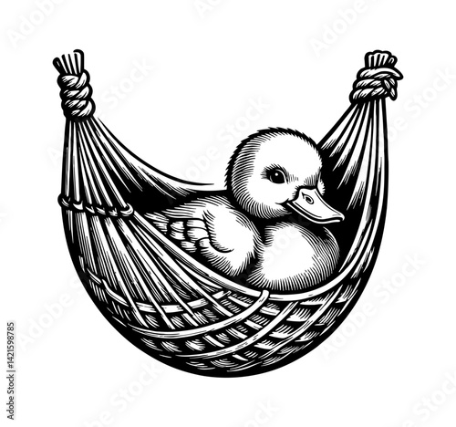 Ducks relaxing in a hammock on summer, enjoying leisure time in nature. Happy chill ducks.