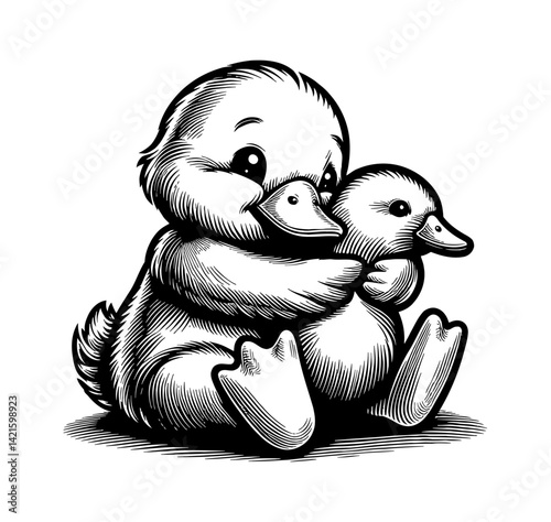 Duck Teal Goose Swan hugging a plush toy illustration, happy expression, friendship