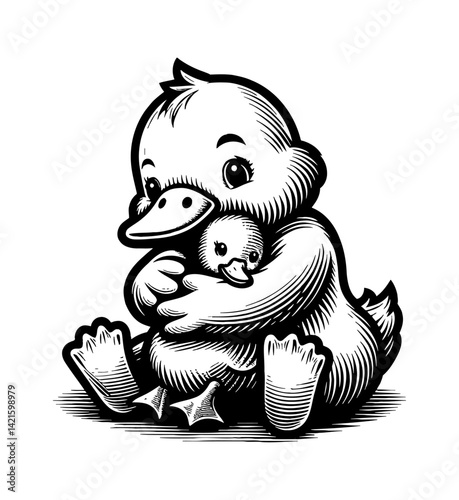 Duck Teal Goose Swan hugging a plush toy with happy expression on white background