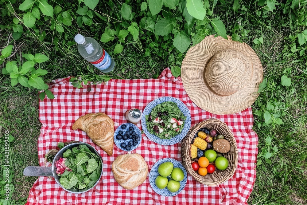 Picnic basket with fresh food on red checkered blanket