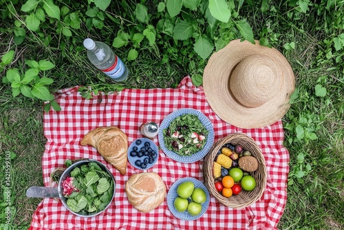 Obraz na płótnie Picnic basket with fresh food on red checkered blanket w salonie