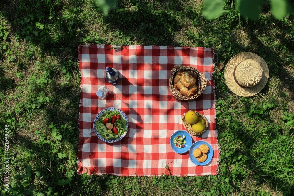 Picnic spread on checkered cloth