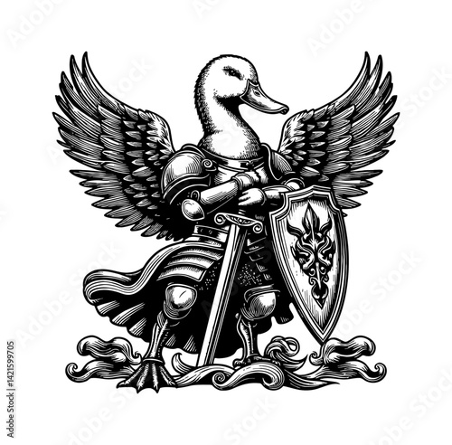Duck Teal Goose Swan in knight armor medieval warrior fantasy with sword in battle pose