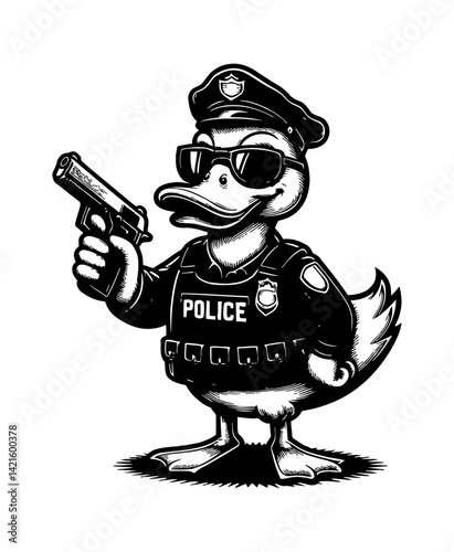 Duck Teal Goose Swan wearing police uniform on patrol enforcing law for safety