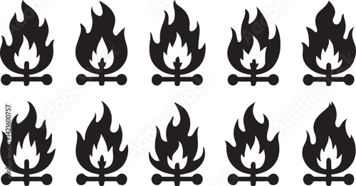 A series of stylized fire silhouettes, progressively changing in intensity, are displayed against a plain white backdrop.