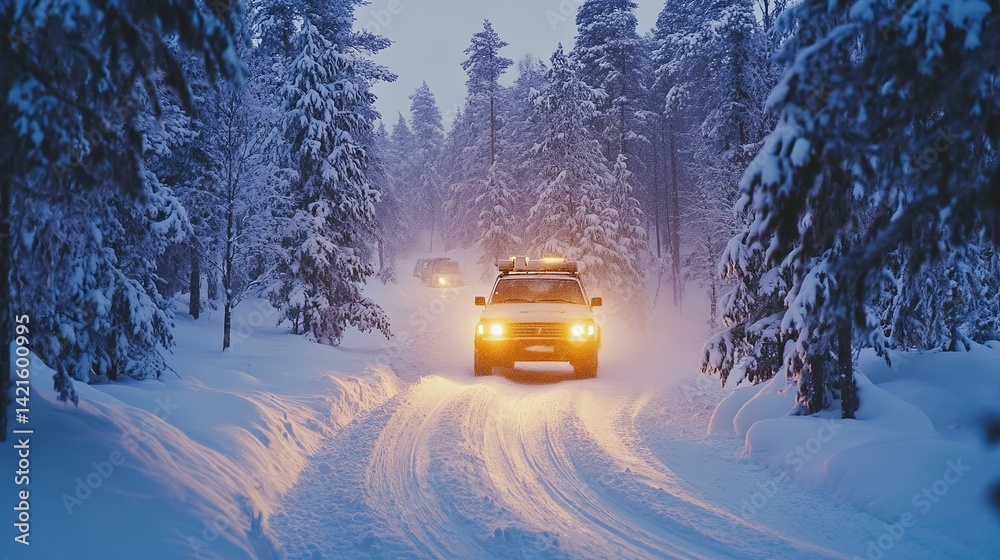 Winter suv drive through snowy forest landscape at dusk car icy road cold blue calm path trees light Winter suv drive through snowy forest landscape at dusk car icy road cold blue calm path trees light