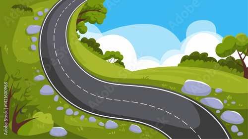 A vibrant vector illustration featuring a curving road winding through a picturesque countryside. The scene is adorned with lush green hills, trees, and rocks under a blue sky with fluffy cl...