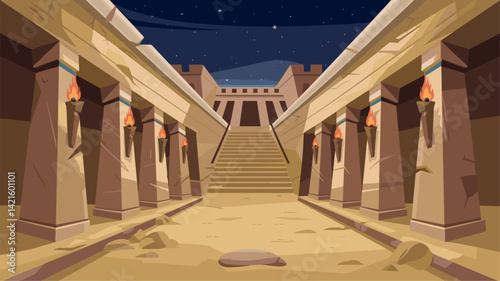 A detailed vector illustration of an ancient temple hall, featuring stone columns with torches and stairs leading to a mysterious upper area under a starry night sky.