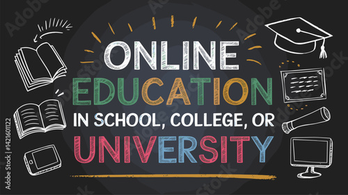 A vibrant graphic representing online education options for students in schools, colleges, or universities. Includes books, a graduation cap, and educational tools.