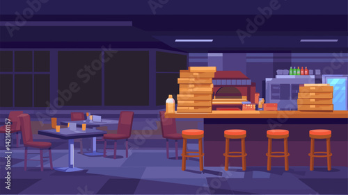 A vector illustration of a cozy pizzeria interior at night. The scene features a bar with pizza boxes, empty tables, and soft lighting, creating an inviting atmosphere.