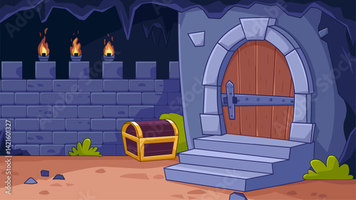 A beautifully illustrated dungeon entrance featuring a wooden door, stone wall, and a treasure chest. Torches illuminate the dark cave, creating a mysterious atmosphere.