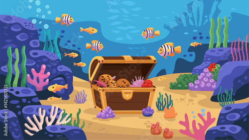 Explore a vibrant underwater world featuring a treasure chest amidst colorful coral reefs, schools of fish, and abundant marine life. Perfect for illustrating ocean themes.