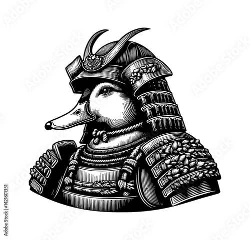 Duck Teal Goose Swan Samurai Warrior in Medieval Japan Combat with Sword Illustration