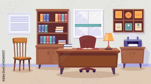 A bright and cozy office scene featuring a wooden desk with an open book, a shelf filled with books, a chair, lamp, and printer. Ideal for depicting work environments.