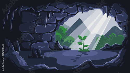 A vibrant seedling sprouting from a small puddle in a cave, illuminated by rays of sunlight. The surrounding rocky walls contrast the greenery, symbolizing hope and growth.