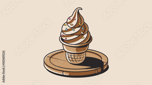 This vector image features a delicious chocolate soft serve ice cream cone topped with colorful sprinkles, elegantly placed on a wooden plate, ideal for food-related designs.
