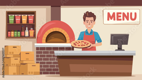 A cheerful chef stands at a vibrant pizzeria counter, proudly holding a pizza. The background features an oven, menu board, and stacked boxes, creating a cozy atmosphere.