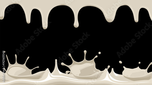 This vector illustration features a flowing creamy liquid with a splash effect, set against a solid black background. Ideal for food and beverage themes.