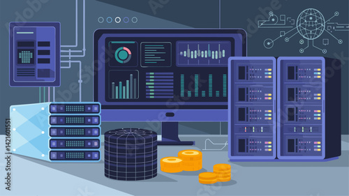 This vector image showcases a modern data center filled with servers, a desktop monitor displaying data analytics, and cryptocurrency coins, symbolizing digital finance and technology.
