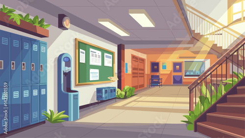 A colorful school hallway featuring blue lockers, a bulletin board, and a staircase. Natural light filters through the windows, creating a warm, welcoming atmosphere.
