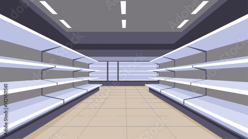 This vector image portrays an empty store aisle with clean, well-lit shelves. The modern design is perfect for retail or commercial themes, conveying a sense of space.
