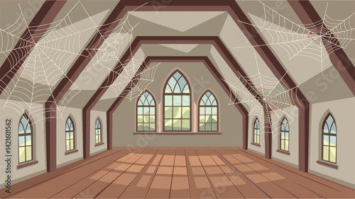 A detailed vector illustration showcasing a spooky attic featuring gothic-style windows, wooden beams, and cobwebs in the corners. Perfect for Halloween themes or eerie decor.