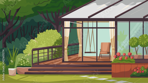 A beautifully illustrated garden porch featuring a swing, plants, and colorful flowers. The serene view invites relaxation and connection with nature.