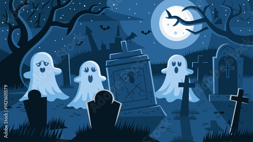 A whimsical vector illustration featuring friendly ghosts in a dark graveyard under a full moon. Trees and bats complete the spooky Halloween scene.