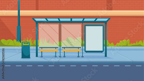 A vibrant vector illustration of an urban bus stop featuring benches, a trash can, and a clear blue sky. Perfect for city-related projects and transportation themes.