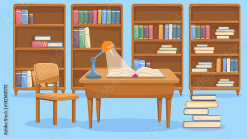 A vector illustration of a cozy library space featuring a wooden desk, chair, and bookshelves filled with colorful books. Perfect for educational or home study themes.