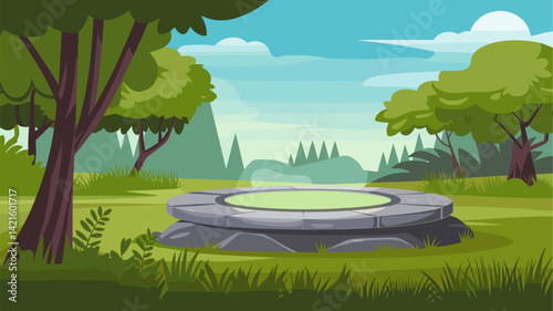 A picturesque forest landscape featuring a mystical stone platform surrounded by vibrant greenery and trees. Ideal for fantasy themes and relaxation.
