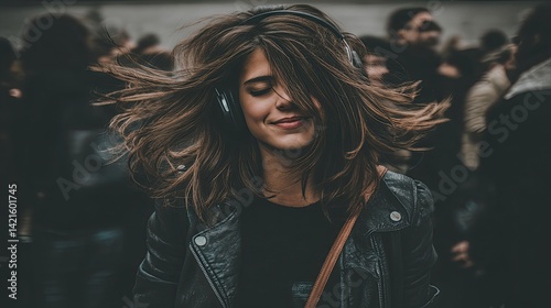 Smiling young woman in headphones with closed eyes in a midst of a blurred motion of a bustling crowd of a big city. The young woman radiates happiness, headphones on in the city crowd.