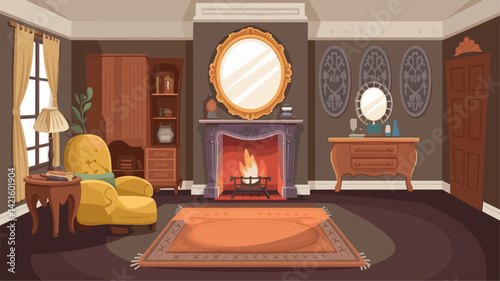 Charming vector illustration of a cozy living room featuring a stylish fireplace, elegant mirrors, a comfortable armchair, and tasteful decor. Perfect for home and interior design themes.