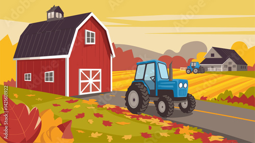 A vibrant autumn landscape featuring a blue tractor on a road near red and gray barns surrounded by colorful leaves. Ideal for agricultural themes.
