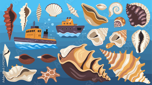 A vibrant illustration featuring an assortment of seashells and a small boat navigating underwater. Ideal for marine-themed designs, educational materials, and beach-related projects.