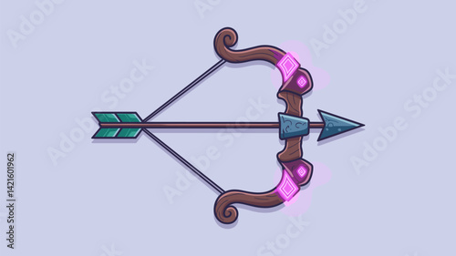 A creatively designed bow and arrow featuring ornate details and colorful accents. Ideal for fantasy or gaming themes, this vector image showcases a unique blend of craftsmanship and imagina...