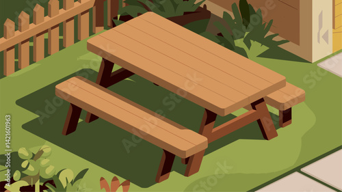 An attractive wooden picnic table with benches set in a vibrant garden, complete with lush plants and a rustic fence, perfect for outdoor gatherings.