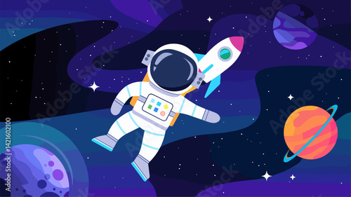 Colorful vector illustration featuring an astronaut in a spacesuit floating in a whimsical space scene, surrounded by planets and a rocket.