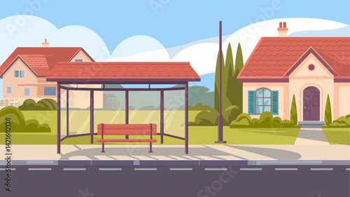 This vibrant vector image features a bus stop set in a picturesque neighborhood. The scene includes cozy homes, lush greenery, and a clear blue sky, ideal for urban-themed designs.