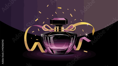 A beautifully designed vector illustration of a glamorous perfume bottle with a golden ribbon and confetti, perfect for beauty and fragrance-related themes.